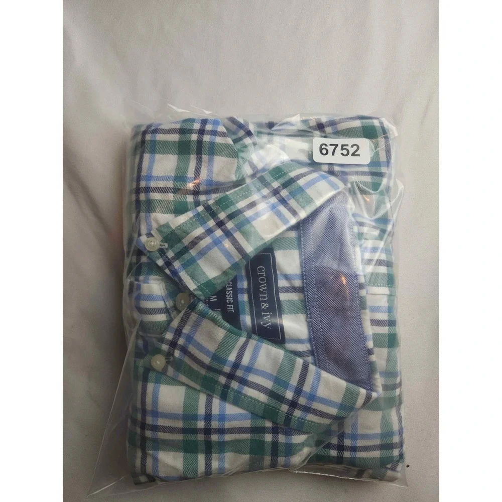 Crown & Ivy Mens Classic Fit Plaid Button Down Shirt Green Size M